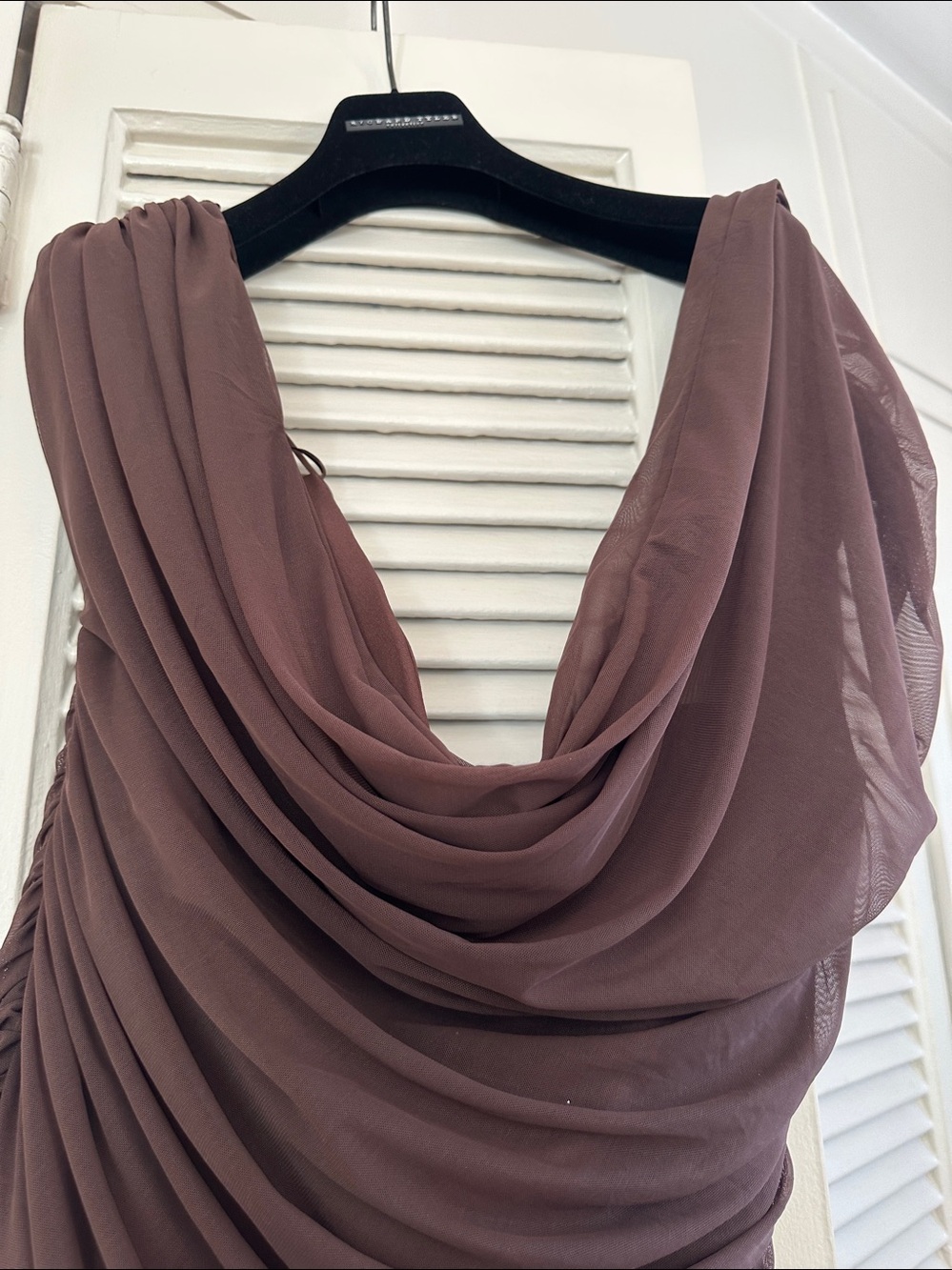 Zara Sleeveless off shoulder Draped Mini Dress in Chocolate Brown - Picture 4 of 8